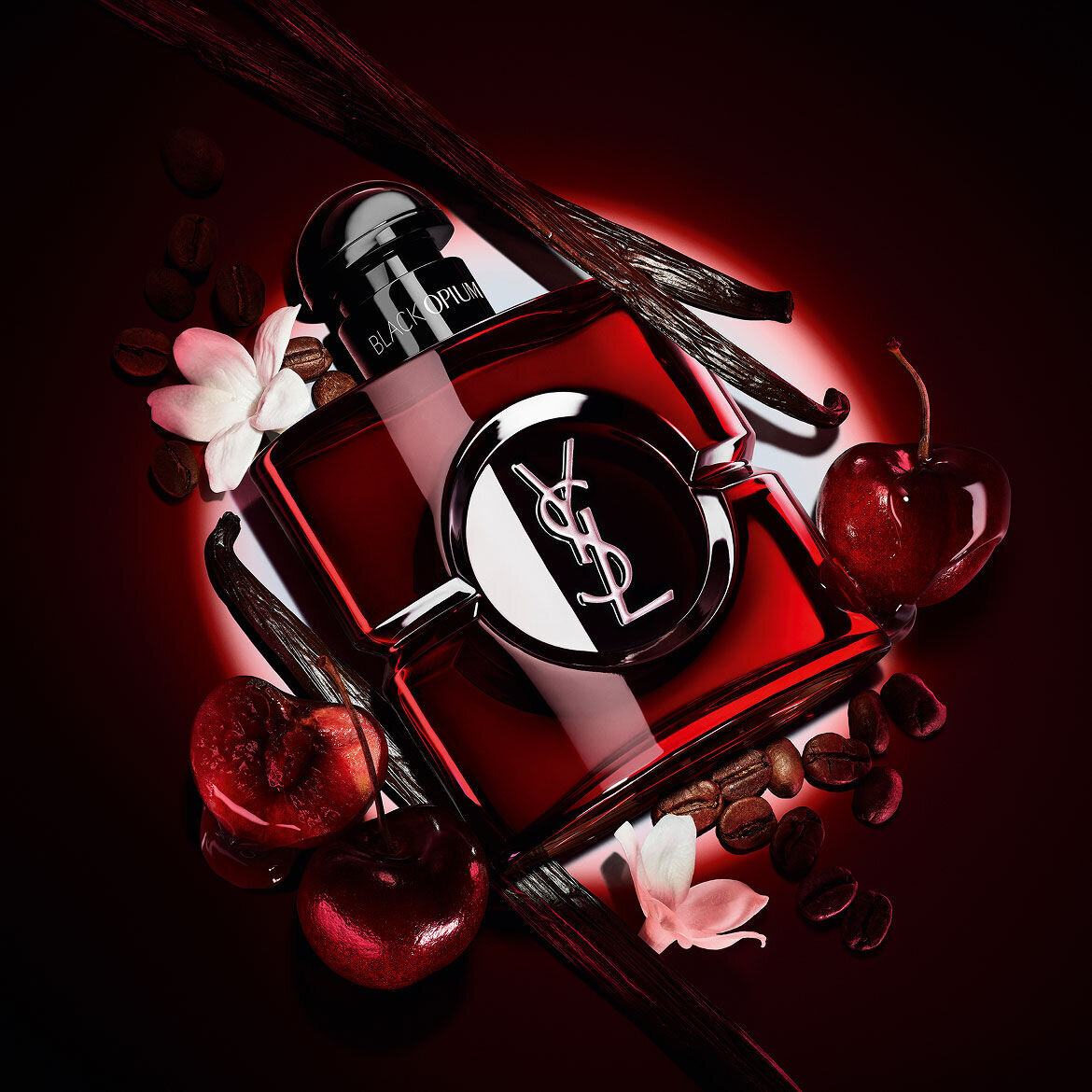 Le flacon Black Opium Over Red en laque rouge profond, entoure de cerises rouges fraiches et de grains de cafe torrefies.