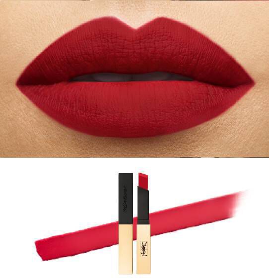 Close-up of beautifully defined lips painted in a bold red shade, alongside a lip product.