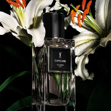 Une bouteille de parfum transparente etiquetee "CAPELINE ALLURING LILY" de YSL, placee sur un fond sombre avec de vifs lis blancs.