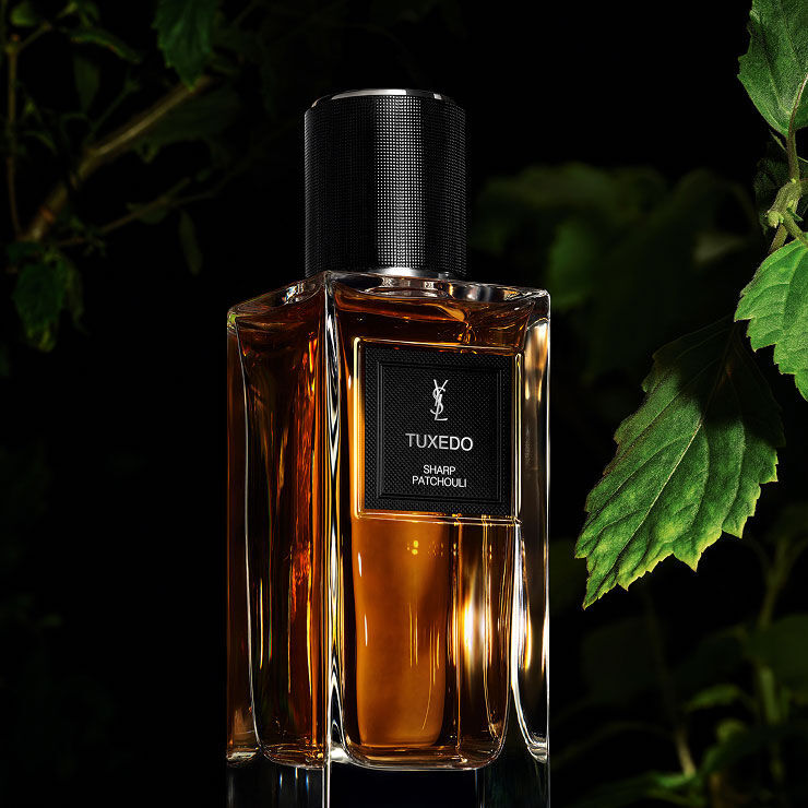 Une bouteille de parfum aux tons dores etiquetee "TUXEDO SHARP PATCHOULI" de YSL, avec un doux feuillage vert en arriere-plan naturel.