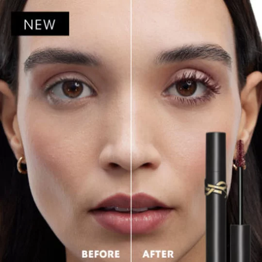 Vorher-Nachher-Vergleich: links naturliche Wimpern und rechts voluminose Wimpern mit burgunderroter Mascara.