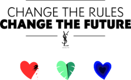 Graphic featuring the text "Change the Rules, Change the Future" in bold black letters, accompanied by three colored icons: a red heart, a green leaf, and a blue heart, with the YSL logo at the bottom.
