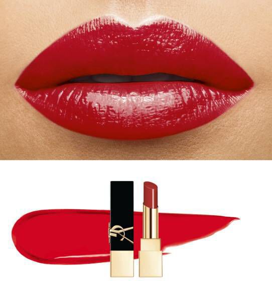 Close-up of luscious red lips alongside a swatch of red lipstick and a lipstick tube, highlighting a glossy finish.