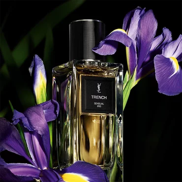 Une bouteille de parfum aux tons dores etiquetee "TRENCH SENSUAL IRIS" de YSL, mise en evidence a cote de vibrantes iris violettes.