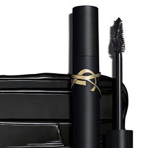 A sleek black mascara tube with a gold accent and a mascara wand, set against a clean white background.