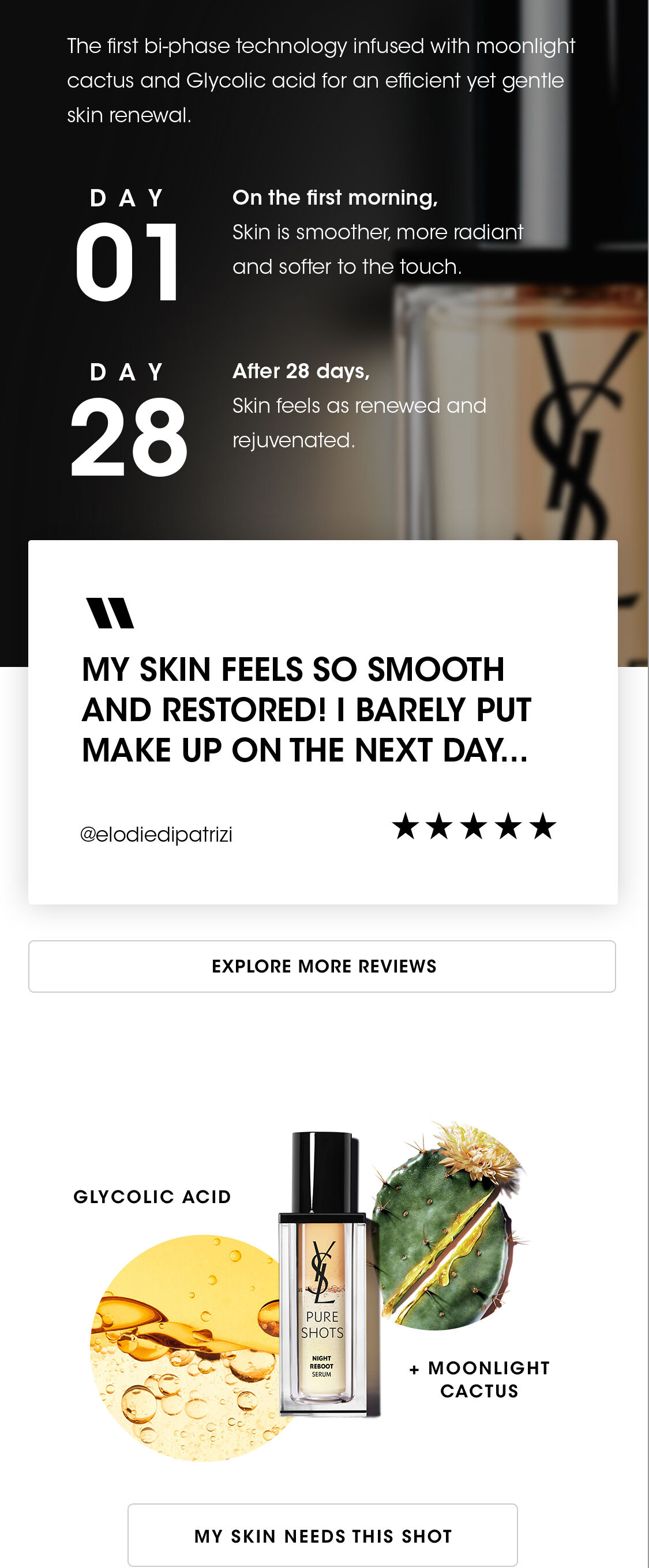 A promotional image for a skincare product featuring a dual design: on the left, a black box highlighting the benefits of a moonlight cactus and glycolic acid; on the right, a photo of the product with a cactus and glowing sun imagery, alongside a customer review describing their positive skin experience.