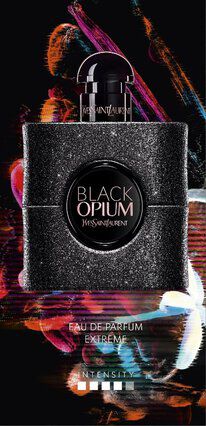 A sleek black perfume bottle with a glittery finish, labeled "Black Opium" by Yves Saint Laurent, set against a colorful abstract background.