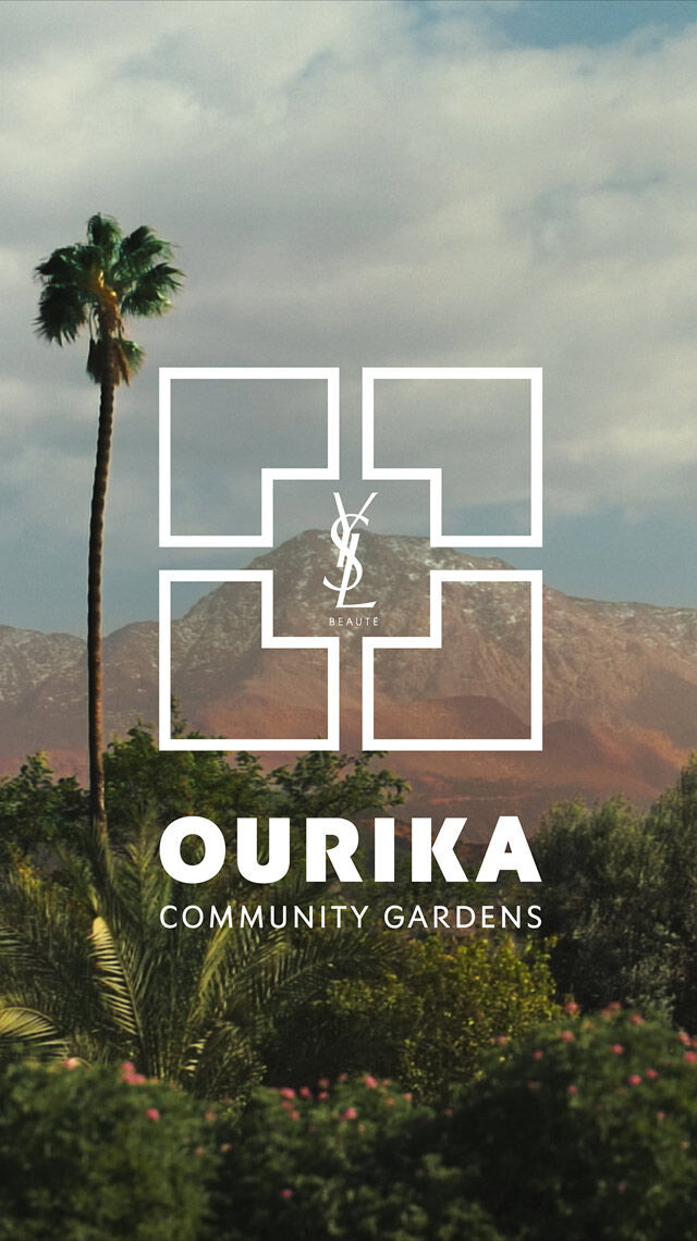 Un paysage avec des palmiers, du feuillage vert et des montagnes sous un ciel nuageux. Un logo YSL Beaute blanc et le texte "OURIKA COMMUNITY GARDENS" sont superposes.