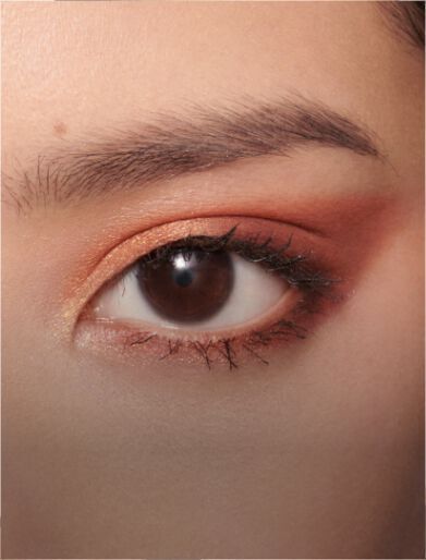 A close-up of a brown eye with warm-toned makeup, featuring shades of orange and brown on the eyelids and well-defined eyelashes.