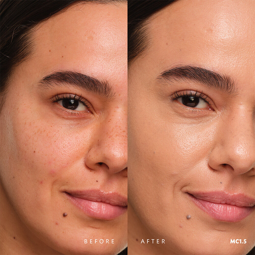 Vorher und nachher YSL SKIN AFFAIR SOFT GLOW CUSHION FOUNDATION MC1.5. Ebenmaßiger Teint mit nahtloser, strahlend sanfter Glow-Finish.