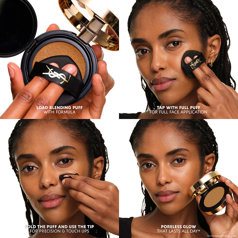 Anwendung von YSL SKIN AFFAIR CUSHION: aufnehmen, tupfen fur volle Deckkraft und die Quaste falten fur Prazision. Porenloses Strahlen den ganzen Tag.