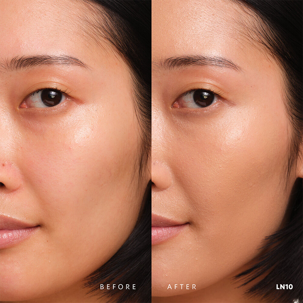 Vorher und nachher YSL SKIN AFFAIR SOFT GLOW CUSHION FOUNDATION LN10. Einheitlicher Teint mit nahtlosem, strahlendem Soft-Glow-Finish.