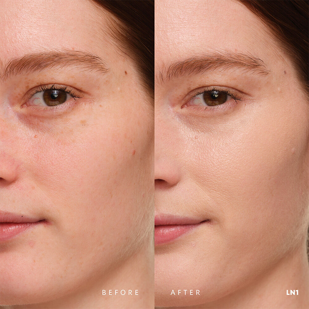 Vorher und nachher YSL SKIN AFFAIR SOFT GLOW CUSHION FOUNDATION LN1. Ebenmaßiger Teint mit nahtlosem strahlendem Soft-Glow-Finish.