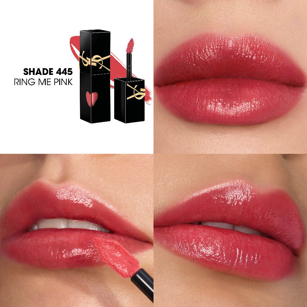 Collage mit dem YSL Lip-Stain-Flakon und einem Textur-Swatch (oben links) neben drei Nahaufnahmen von Lip-Swatches auf verschiedenen Hauttonen, darunter einer, der gerade mit dem Applikator aufgetragen wird.