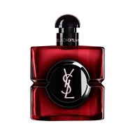 Flacon Black Opium Over Red en laque rouge profond, au coeur noir, signe du logo YSL.