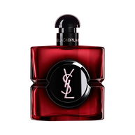 Flacon Black Opium Over Red en laque rouge profond, au coeur noir et orne du logo YSL.