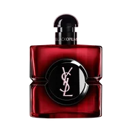 Flacon Black Opium Over Red en laque rouge profond, au coeur noir, signe du logo YSL.