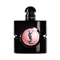 Black Opium Eau de Parfum in a black glitter bottle with a pink center, featuring the YSL logo.