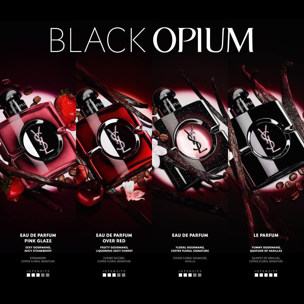 Comparaison YSL Black Opium revelant les notes et l’intensite de quatre fragrances : Pink Glaze (fraise), Over Red (cerise), Eau de Parfum (classique cafe-floral) et Le Parfum (quatuor de vanilles).