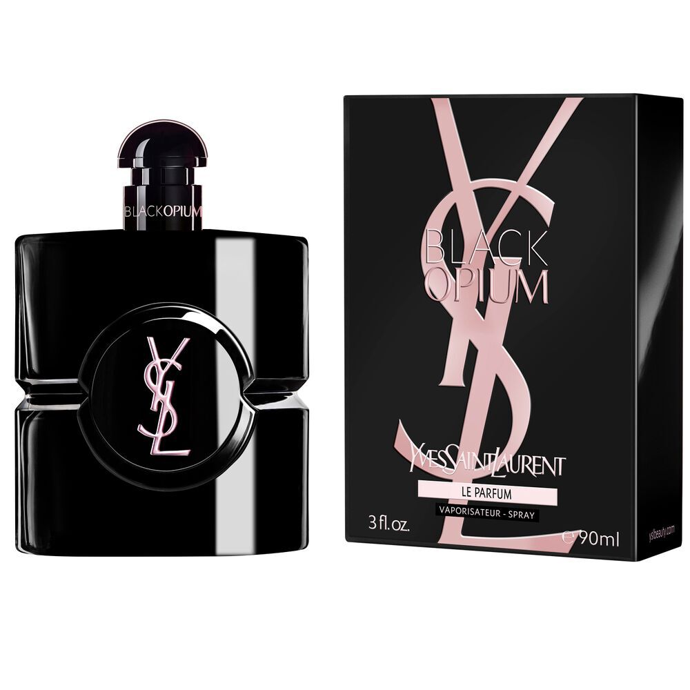 Black Opium Le Parfum Flakon neben seiner schwarzen Box mit der rosafarbenen YSL Cassandre.