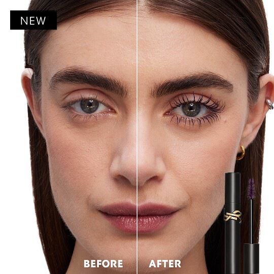 Vorher-Nachher-Vergleich der Lash Clash Mascara in Plum. Die „Nachher“-Seite zeigt dichte, voluminöse Wimpern mit einem tiefvioletten Schimmer.
