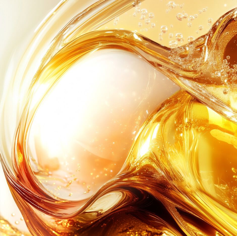 L'ingrédient phare de la crème Eye Reboot Pure Shots d'YSL : liquide doré abstrait avec des bulles, représentant le Complexe Vitamine Caféine.