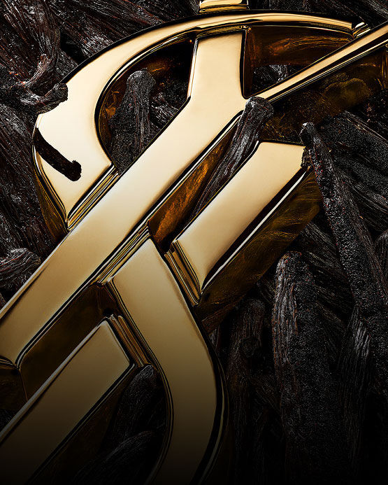 Eine detaillierte Ansicht dunkler Vanilleschoten, texturiert mit einem glänzenden goldenen YSL-Emblem.